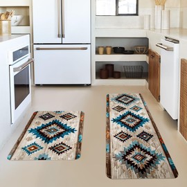 Navajo Kitchen Rugs Set of 2, Geometric Farmhouse Style Kitchen Mats with Rubber Backing Non Skid Washable, Southwestern Kitchen Decorations (17" x 29 + 17" x 47")