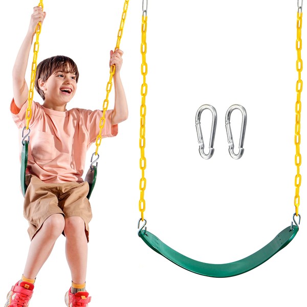TURFEE Heavy Duty Swing Seat Green Color with 66” Chain, Swing Set Accessories Replacement with Snap Hooks for Kids Outdoor Play Playground Trees, Swing Set
