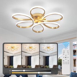 HLILCEH 26inch Modern LED Ceiling Light, 6 Rings Flower Flush Mount Light Fixture with Remote Control Gold Dimmable Ceiling Lamp for Bedroom, Dining Room, Hallway, Kitchen
