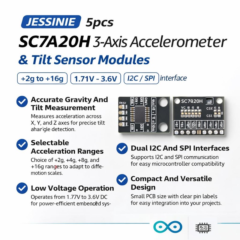 JESSINIE 5pcs SC7A20H 3‑Axis MEMS Accelerometer and Tilt Sensor Module,