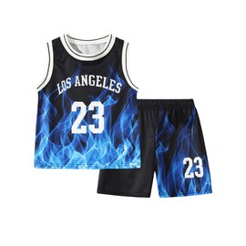Fdqin Boys 2 Piece Outfit Athletic Tank Top Shirt with Shorts Basketball Jersey Set for Basketball Training Black-Blue 5-6 Years