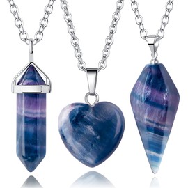 QINJIEJIE 3 Pcs Healing Crystal Necklaces Set for Women Natural Quartz Heart Love Pendant Stone Spiritual Energy Witchcraft Reiki Hexagonal Column and Cone Point Gemstone Jewelry