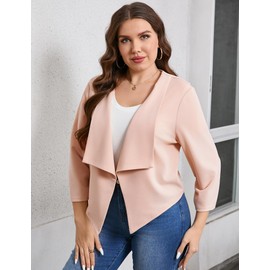 Hobrounn Women's Blazer Large Sizes 3XL-5XL, 3/4 Sleeve Business Blazer with Ruffles Office & Leisure, apricot, XXL