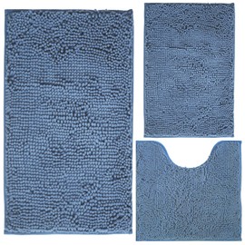 Bathroom Rugs Chenille 3-Piece Extra Soft and Absorbent Shag Bathroom Rugs, Machine Wash Mat, Strong PVC Non-Slip Underside, Plush Carpet Mats (Deep Blue)