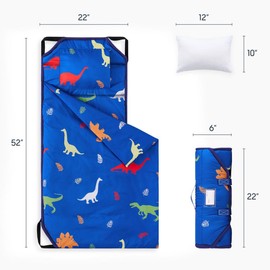 Wake In Cloud - Nap Mat with Pillow for Kids Toddler Boys Girls, Fit Preschool Daycare Sleeping Cot with Elastic Corner Straps, Colorful Dinosaurs Leaves on Blue, 100% Soft Microfiber