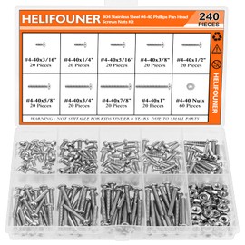 HELIFOUNER 240 Pieces #4-40 Phillips Pan Head Machine Screws Nuts Assortment Kit, Coarse Thread, Fully Machine Threaded, 304 Stainless Steel