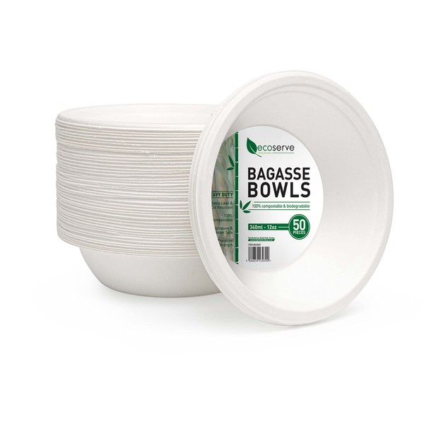 ecoserve tableware Super Rigid Disposable Paper Bowls Sugercane Biodegradable and Compostable White (340ml 50 Pcs)