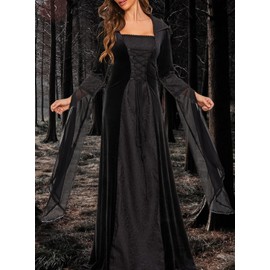 BITSEACOCO Deluxe Witch Dress Costume for Women, Vintage Embroidered Renaissance Victorian Gothic Hooded Vampire Gown Dress Cosplay (Black,S)