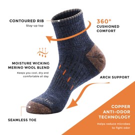Avalanche Men's Odor Resistant Copper Wool Blend Quarter Socks With Arch Support 2Pack Navy/Charcoal 10-13