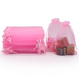 Yordearly 50pcs Organza Bags 4x6 inch, Pink Sheer Mesh Bag with Drawstring, Small Gift Bags for Candy Jewelry Pouch Party Wedding Christmas Favor