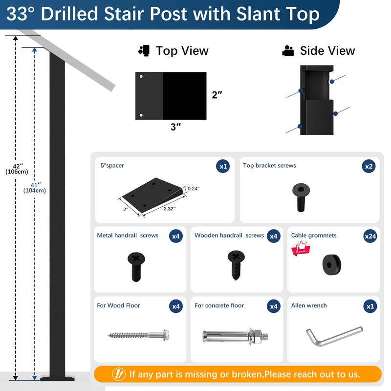Gyykzz 42" Cable Railing Stair Post for 28-38 Degrees Stairway,