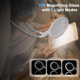 Neck Magnifier Hands Free with Light, 10X 5.2 Large Magnifying Glass with 36 LED Light, Flexible Gooseneck for Close Work Reading Sewing Senior (White)