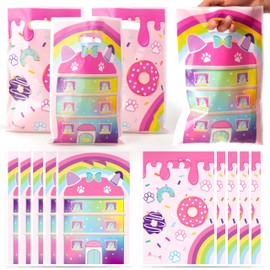 GaofanWai 50PCS Cat House Party Favor Bags for Kid Boy Girl, Cute Cartoon Cat Theme Candy Gift Plastic Bag Bulk with Handle, Cartoon Dollhouse Theme Goodies Bag for Birthday Party Supplies Baby Shower