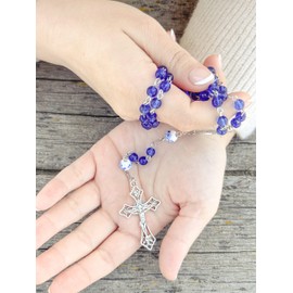 Nazareth Store Blue Glass Beads Rosary Catholic White Flowers Beaded Necklace Miraculous Medal Cross Crucifix Christian gift Rosaries, 1.6" x 0.9" x 18.5", Crystal, No Gemstone