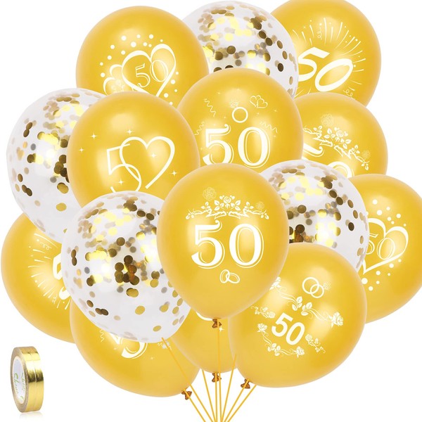 HOWAF 35pcs 50th Wedding Anniversary Balloons Set, Gold 50th Latex Balloons and Gold Confetti Balloons, Golden Wedding Anniversary Decoration Supplies or 50th Birthday, 6 Design, with 2pcs Ribbon