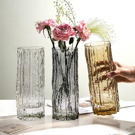 SFBBCLOZ Clear Glass Vase Cylinder 7" Ribbed Thickened Flower Vase Crystal Vase for Modern Centerpieces Home Decor Living Room Bedroom Dining Table Office Wedding Decoration Gift (Amber)