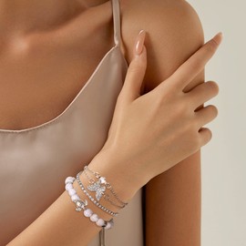 LOLIAS 32 Pieces Boho Bracelet Women's Gold Multilayer Stackable Open Cuff Wrap Silver Bracelets Adjustable Fashion Paper Clip Cuban Bracelet Set Jewellery for Girls Gift, Stainless Steel