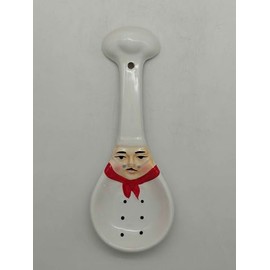 ACK Plump Bistro White Chef Hand Painted Ceramic Spoon Rest,Cooking Spoon Holder for Kitchen Counter, Utensil Rest for Spoon, Ladle, Spatula, Kitchen Décor