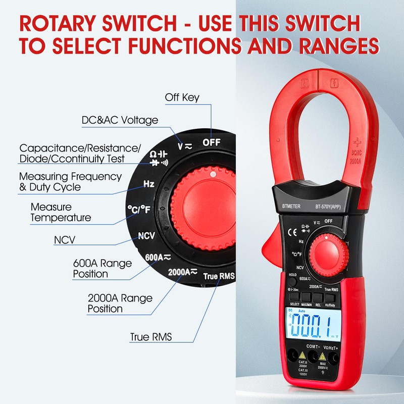 BTMETER Digital Clamp Meter Multimeter, 6000 Counts Bluetooth Multimeter, 2000A