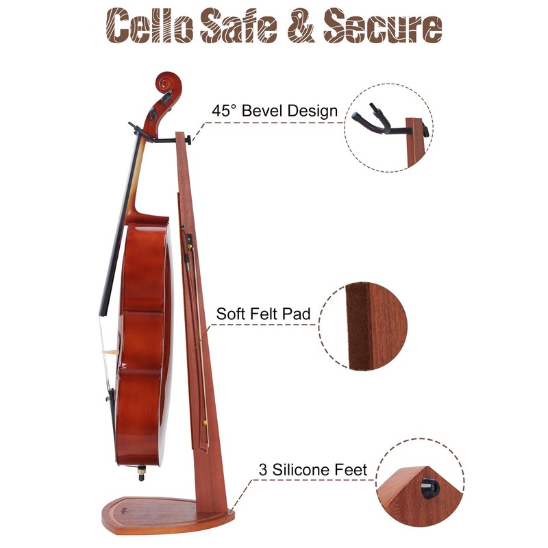 Musbeat Cello Stand with Bow Holder, Handcrafted Mahogany Wood Floor