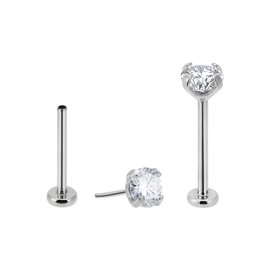 NORO OLO 2PCS-1.0mm(18g) Stainless Steel Press-Fit Threadless Push-In Labret Studs,Lip Monroe Tragus Nose Piercing with Smallest Flat Back,Φ3.0mm Round Clear Cubic Zirconia Top