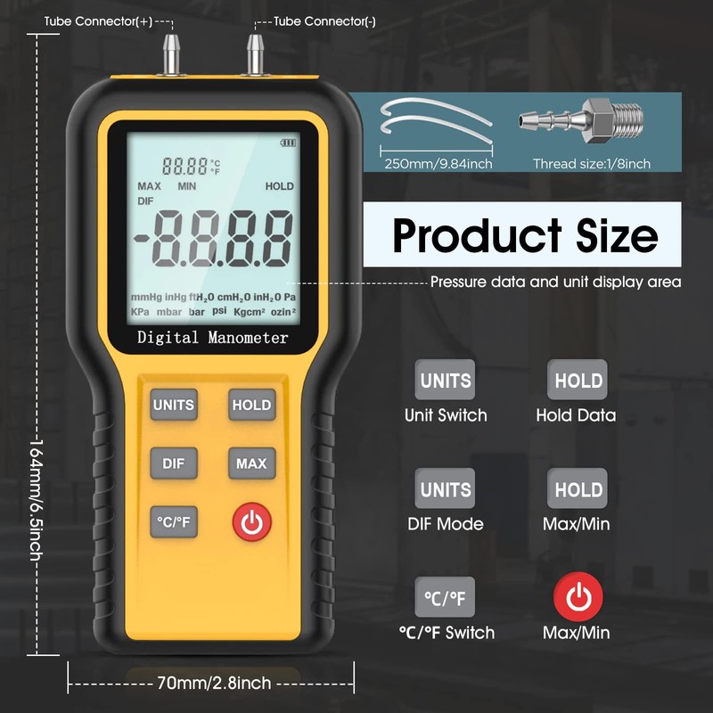 LYCEBELL Manometer Gas Pressure Tester, Digital Manometer Dual-Port Air Pressure