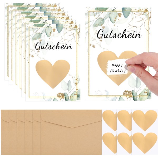 DIY Scratch Cards with Envelopes Set, 6 Pieces Scratch Cards Self Labelling with 6 Kraft Paper Envelopes, and 3 Heart Shape Scratch Film, for Birthday, Party, Wedding etc.