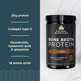 Ancient Nutrition Protein Powder Made from Real Bone Broth, Chocolate, 20g Protein Per Serving, 20 Serving Tub, Gluten Free Hydrolyzed Collagen Peptides Supplement, Great in Protein Shakes