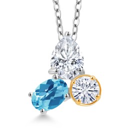 Gem Stone King 925 Sterling Silver and 10k Yellow Gold White Moissanite and Swiss Blue Topaz 3