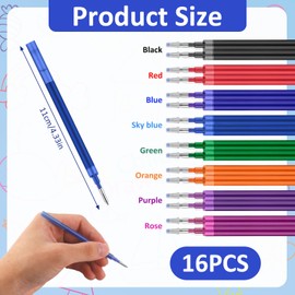 16 x Erasable Gel Pen Refills Compatible with Pilot FriXion Ball, Clicker, Slim & Eberhard Faber, 0.7 mm Tip 11 cm, 8 Colours: Blue, Black, Red, Green, Purple, Magenta, Orange, Light Blue