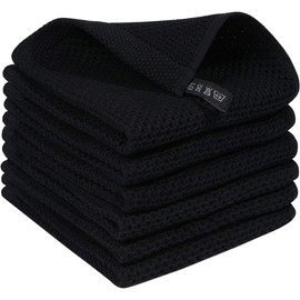 HYER KITCHEN 100% Cotton Waffle Weave Kitchen Dish Towels, Super Soft Absorbent Quick Drying Cleaning Towel, 12x12 Inches, 6-Pack, Black