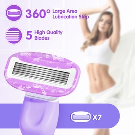 DreamGenius Razors for Women Include 1 Non-Slip Metal Handles and 7 Blade Refills, 5 Premium Blades Women's Razors for Shaving with 360° Lubrication Reduces Irritation, Purple