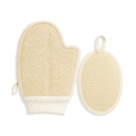surlees Natural Loofah Bath Exfoliating Glove & Luffa Sponge Set (Mitt + Pad), Premium Body Scrubber with Elastic Band for Women/Men in Shower/Spa