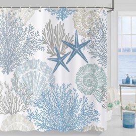 Caheansi Nautical Coastal Shower Curtain, Blue Ocean Beach Seashell Starfish Themed Bathroom Curtain Waterproof Fabric Machine Washable with Hooks, 72" Wx72 L