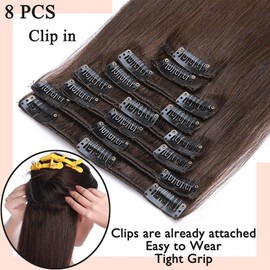 DOUBLE DRAWN Clip in Hair Extensions Real Human Hair - 100% Remy Hair 8 Pcs Full Head - #2 Dark Brown - 24 Inch 90g (Thin Thickness)