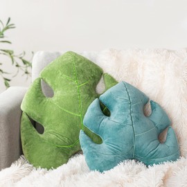 AELS Set of 2 3D Leaves Decorative Throw Pillows, 18" & 14" Monstera Deliciosa Plush Pillow Set for Plant Lovers Garden Lovers, Living Room Bedroom Nursery Decor, Bluish Green & Light Green