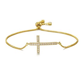 NEWBUY Classic Design AAA+ Cubic Zirconia Cross Charm Bracelets For Women Adjustable Copper Chain Bracelet & Bangle Christian Jewelry Baptism Gift (14K Gold Plated)