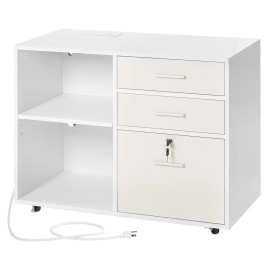 Adjustable Shelves 3-Drawer Wooden Mobile Filing Cabinet Lockable Rolling File Storage with Light StripDefault: Default