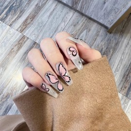 Pink Butterfly Press on Nails Long Coffin Fake Nails with Rhinestones Designs 24 Pcs Natural Reusable Acrylic Nail Full Cover Stick on Nail for Women WYFHDT