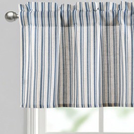 JIUZHEN 52x18 Inch Kitchen Valance - Thick Textured Linen Striped Window Valance Curtain with 3" Rod Pocket, Vertical Striped Blue (1 Panel)