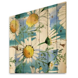 DesignQ Wild Spring Chamomile Flowers Traditional Wood Wall Decor, Blue Wood Wall Art, Large Floral Wood Wall Panels Printed On Natural Pine Wood Art