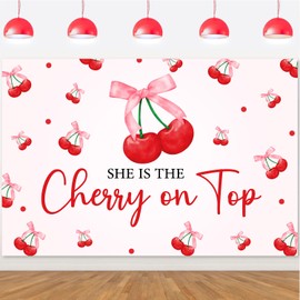 Cherry Birthday Backdrop, Pink She's The Cherry On Top Backdrop Baby Shower Decor, Red Cherry Theme Party Decor for Bachelorette Bridal Shower Party Banner Photo Background Cloth(5 * 3ft)