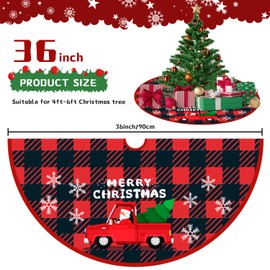 Christmas Tree Skirt 36inches, Red Truck Buffalo Plaid Christmas Tree Mat with Snowflake, Plush Christmas Decorations for Xmas Home Holiday Party