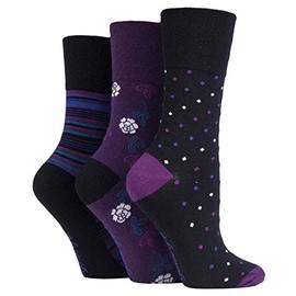3 Pairs Ladies Black Purple Spot Stripe Floral Gentle Grip Socks, UK Size 4-8