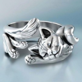 hsiyyecg Cat Rings for Women Sterling Silver Adjustable Animal Ring Dainty Stackable Rings Cute Cat Ring Gifts for Cat Lovers