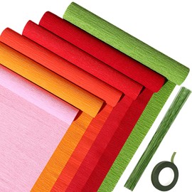 Gersoniel 57 Pcs Crepe Paper Flower DIY Kits 6 Rolls 35g Crepe Paper Sheets 50 Pcs Floral Iron Wire 10 Inch x 8 Feet 1 Roll 50 Meter for Birthday Party Wedding(Red Series)
