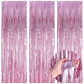KIRIKOU Pack of 3 Foil Fringe Curtains Backdrop Party Decoration, Metallic Tinsel Curtain Photo Backdrop for Birthday Bachelorette Party Bridal Baby Shower Decorations(Pink, 3.2ft x 6.5ft)