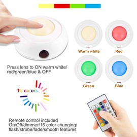 16 Color Changing Puck Light with Remote,LUXSWAY Push Lights Battery Powered, Wireless Tap Light,4 Modes Closet Light,Battery Operated Under Cabinet Light,Stick on Light for Kitchen Stairs-3 Pack