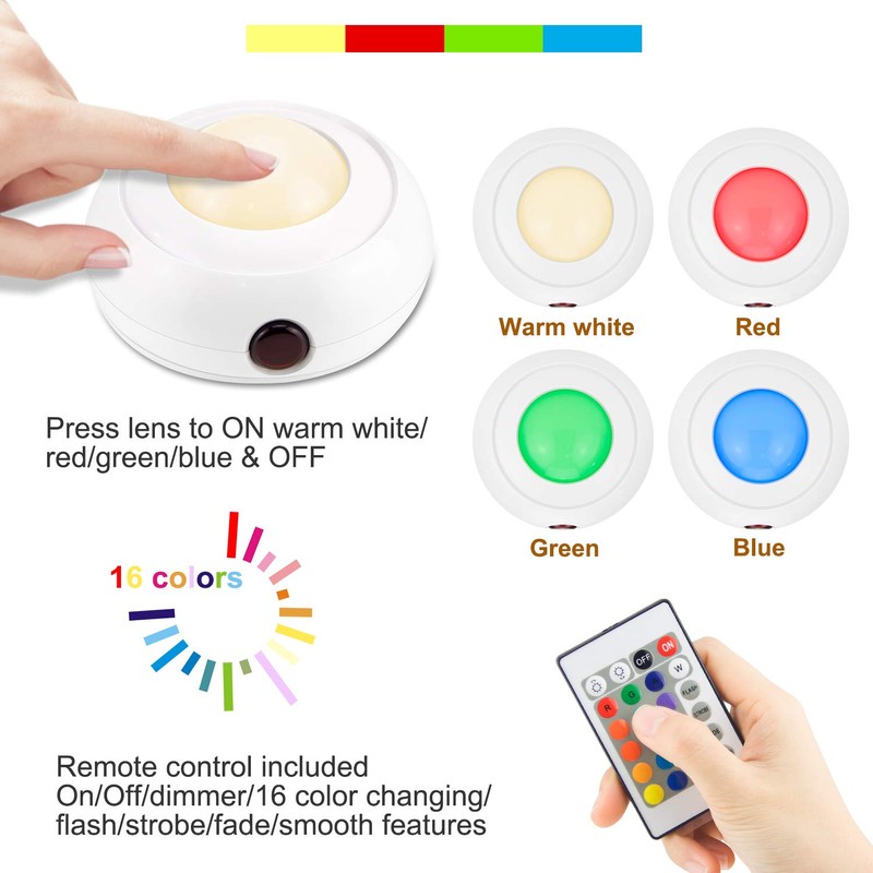 16 Color Changing Puck Light with Remote,LUXSWAY Push Lights Battery
