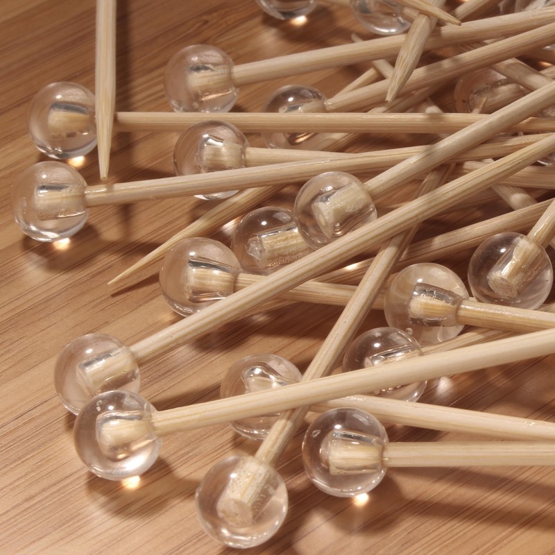 BambooMN Decorative Ball End Bamboo Cocktail Appetizer Picks - 4.7"